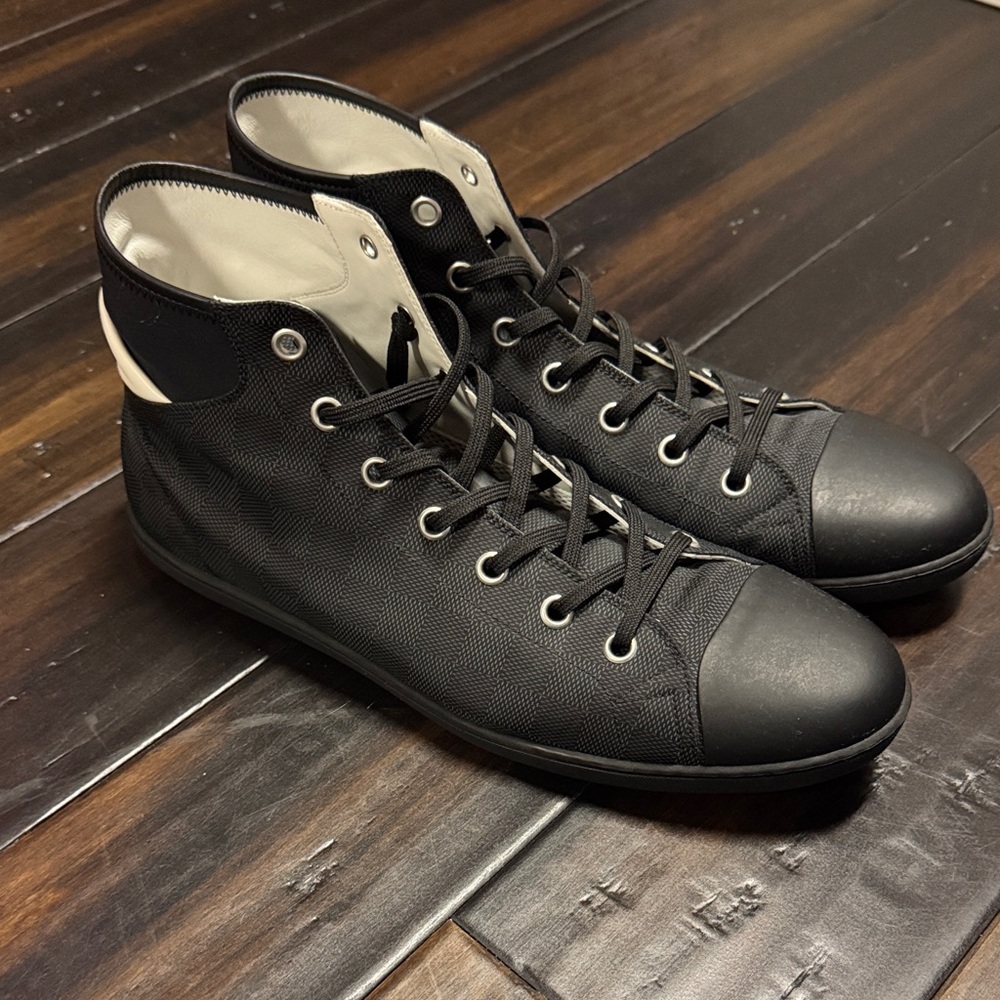 Louis Vuitton Men's Black High-Top Canvas Sneakers with White Interior Trim